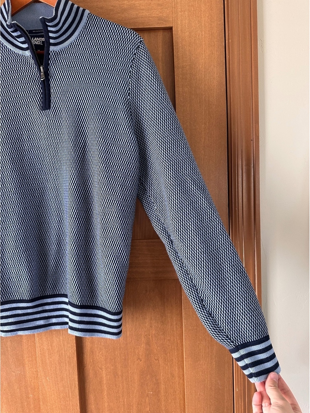 Lands’ End Men’s 100% Supima Cotton 1/4 Zip Polo Sweatshirt Blue size Medium - Picture 3 of 13